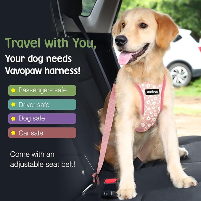 VavoPaw Dog Seat Belt, Safety Vest Dog Car Harness with Adjustable Buckle Dog Seat Belt for Vehicle Nylon Pet Safety Seat Belts Heavy Duty(XL, Pink Daisy) | Soft Breathable Mesh, Adjustable Buckle, Nylon, Heavy Duty Pet Safety Seat Belts for Small Medi... - Image 4