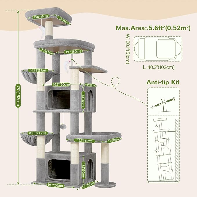 Globlazer 75in Sturdy Cat Tree Tower for Indoor Large Cat, S75, Light Grey | Multi-Level Heavy Duty Cat Tower with Scratching Post, Oversized Condos & Perches for Big Cats, Large Baskets, Enlarged Base - Image 7
