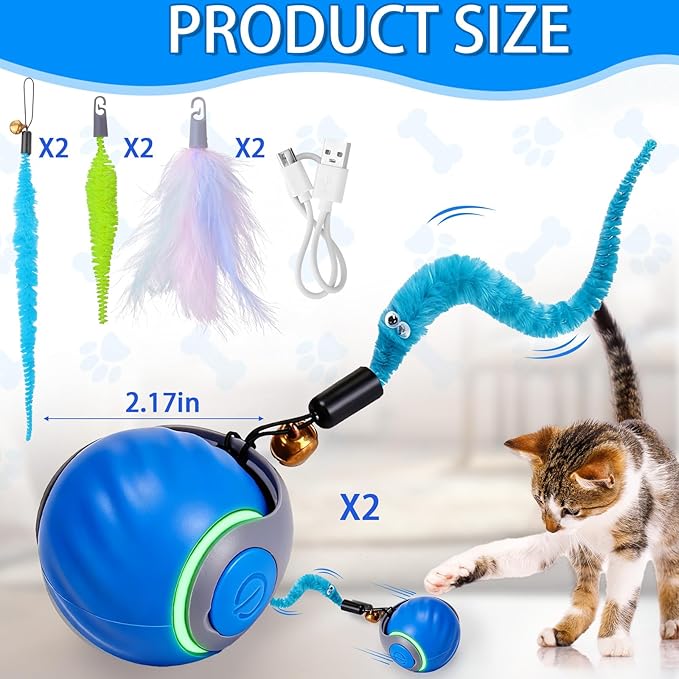 BABORUI 2Pack Blue Interactive Cat Toy Ball - Automatic Interactive Cat Toys for Indoor Cats with 3 Tails, 2 Speeds Rechargeable Enrichment for Small/Medium/Large to Keep Them Busy - Image 5