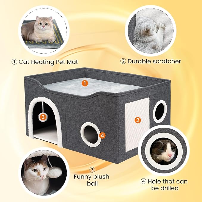 Indoor Heated Cat House, Adjustable Temperature Cat Heating Bed with Timer and Chew Resistant Cord, Large Cat House with Heating Pad for Small Medium and Large Cats - Image 3