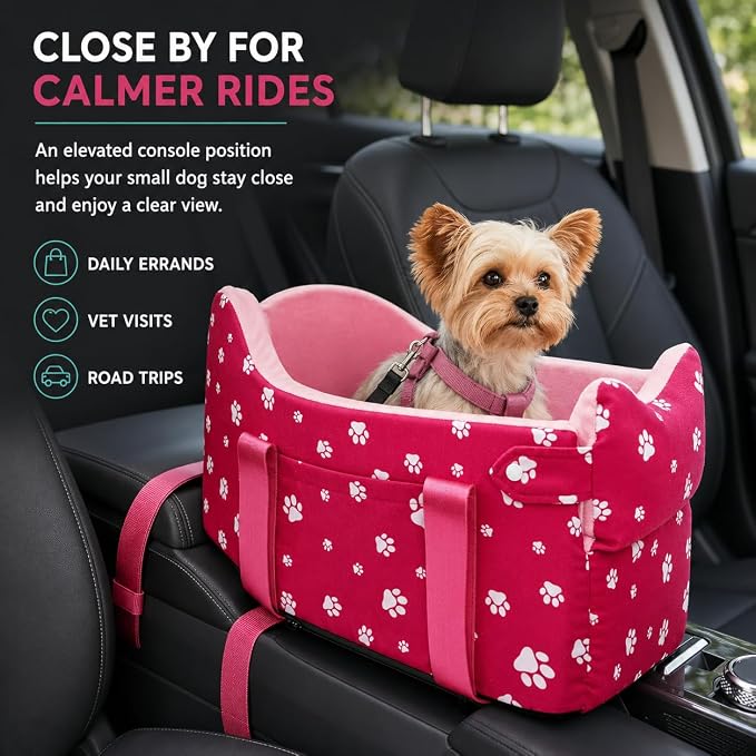 Center Console Dog Car Seat for Small Dogs Under 15 lbs - Detachable Washable Carrier with Safety Belt & Storage Pockets, Pink - Image 2
