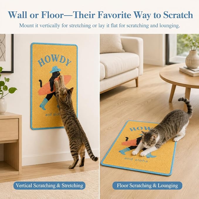 Art Sisal Cat Scratcher Mat, Cat Wall Scratchers for Indoor Cats | Wall Mounted Cat Scratcher, Natural Sisal, No-Drill Hook & Loop Setup, Floor or Wall Use, 23.6 x 15.7 Inch, Surfer - Image 7