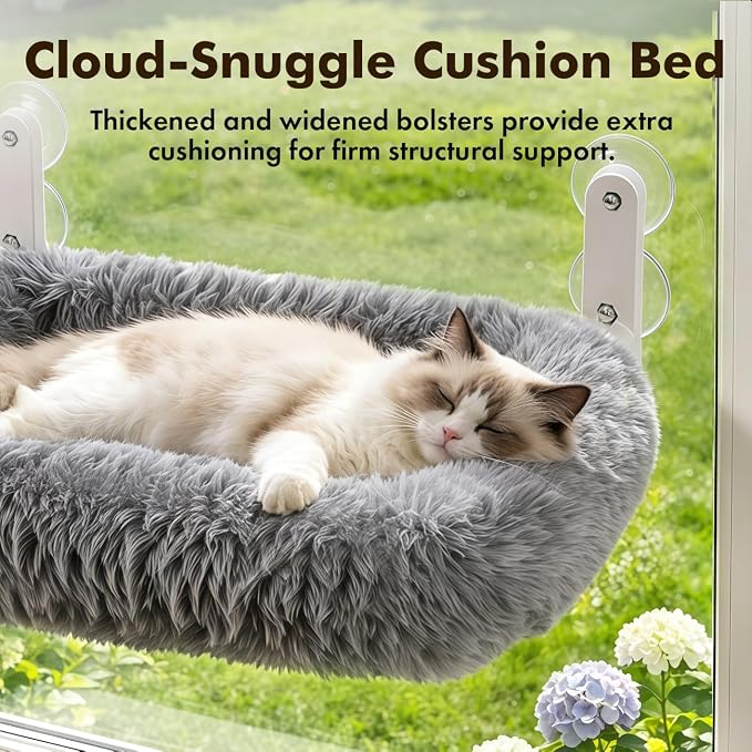 Zoratoo Foldable Cat Window Perch, Widened Cushion Cat Bed for Large Cats | M-Grey, Extra-Thick and Fluffy Bolster, Large Lying Space, Machine Washable, Cat Window Hammock with Sturdy Metal Frame - Image 2