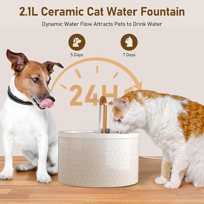 DOOOB Ceramic Cat Water Fountain, 2.1L/71oz Cat Fountain | Automatic Ceramic Water Fountain for Cats, Pet Fountain with Ultra-Quiet Pump and 3 Filters & 3 Sponges (Honeycomb Embossed) - Image 5