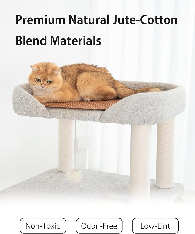 Cat Tree Tower Wooden 37.4''(95 cm), Large Cat Tree with Jump Platform & Play Ball for Indoor Cats, Ideal Cat's Climbing Frame & Playhouse (Linen Fabric Light Grey) - Image 6
