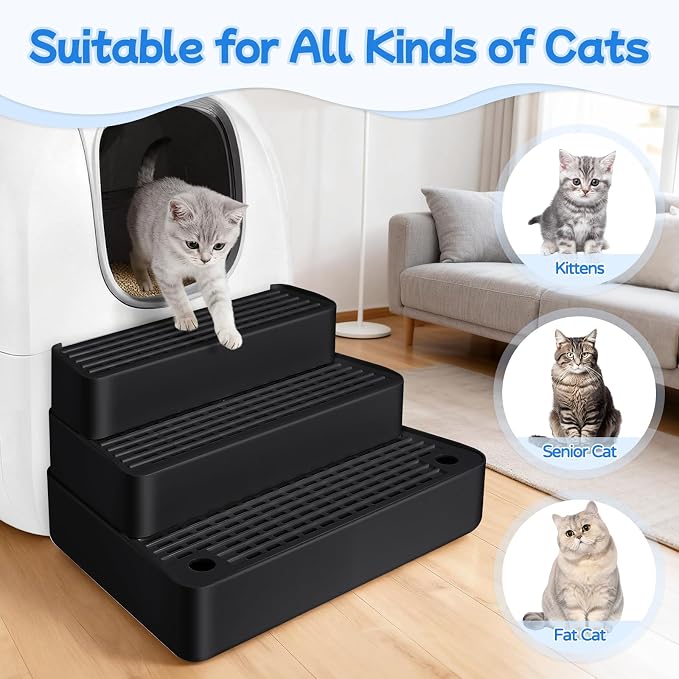 Extra Large 3 Steps Litter Box Ramp, Adjustable Cat Litter Box Step with Filter Function, Easy to Clean Cat Litter Stair Catcher for Elderly Cats and Kitten (Black) - Image 4