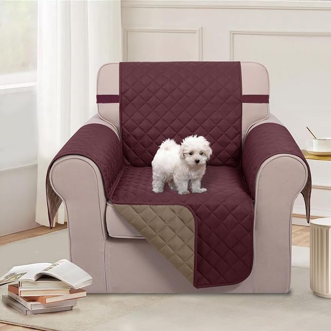 U-NICE HOME Reversible Oversized 28''Chair Covers, Burgundy/Tan | Armchair Cover for dogs Washable, Pet Friendly, Elastic Straps, Water Repellent, Diamond Quilted - Image 2