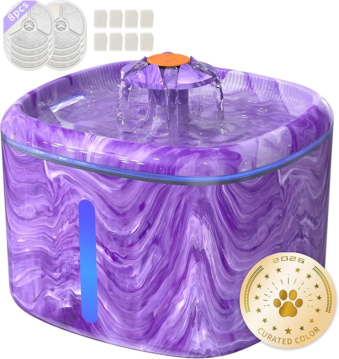 Cat Water Fountain Purple: Automatic Flower Pet Water Fountain for Cats Indoor-84oz/2.5L, Cute Cat Fountain for Drinking, LED Blue Light, Upgraded Ultra Quiet Pump, Gifts for Cats, Dogs (8Filters) by Ksuefao
