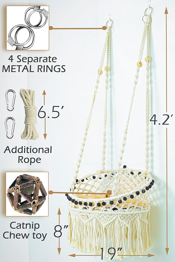 KARCEEY Macrame Cat Hammock - Hanging Cat Bed for Wall & Window - Boho Swing with Full Hardware Kit & Nip Toy - Stable Heavy Duty Design for Large & Senior Felines up to 60lbs - Image 5