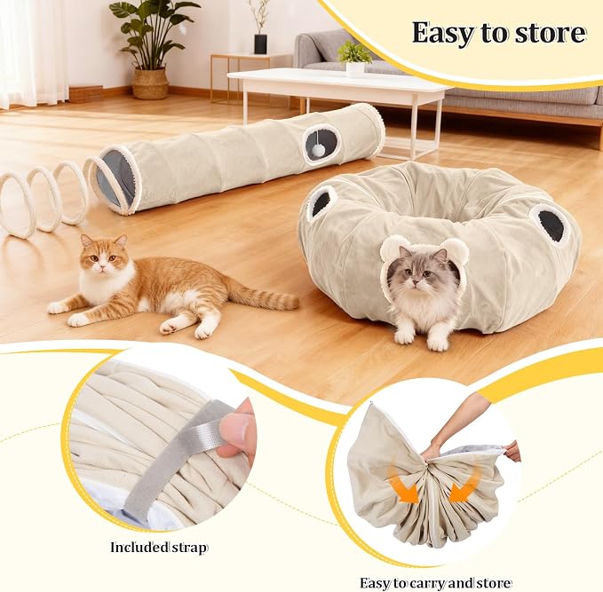 Ownpets 2-in-1 Cat Tunnel Large Lollipop Collapsible Cave Plush,12"D, Beige | Foldable Tunnel Bed, Fluffy Ball, Multi-Exit Maze, For Cats Kittens Puppies Rabbits, Soft Plush, Easy Store, Cozy Hiding Spot - Image 4
