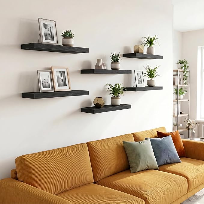 Fixwal Floating Wall Shelves for Decor (Black, Set of 6, 15.7 Inch) | MDF Shelves with Metal Brackets, Space Saving for Books, Decor, Works in Bathroom, Kitchen, Living Room, Bedroom - Image 7