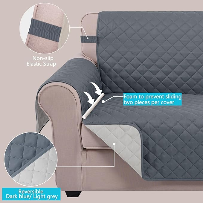 U-NICE HOME Reversible Couch Cover for Dogs, Dark Blue/Light Grey | 68''Sofa Cover Washable, Pet Friendly, Elastic Straps, Water Repellent, Furniture Protector Mat for 3 Cushion Couch - Image 3