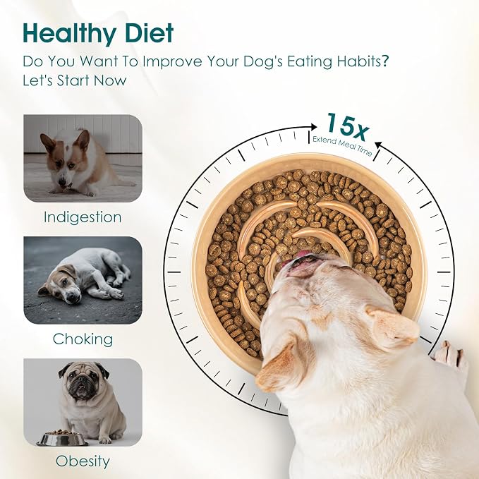 vancasso Ceramic Slow Feeder Dog Bowls, 0.6 Cup Puzzle Dish for Small Breed | Maze Dog Food Bowl for Fast Eaters, Slow Feeding Design for Small Dogs and Cats, Promotes Healthy Eating Habits, Khaki - Image 7