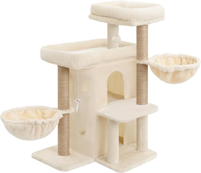 Heybly Cat Tree with Reinforced Big Base, 41.3 in Sturdy Cat Tower HCT075MJ | Indoor Cat Furniture Featuring 2 Roomy Platforms, Double Condos, 2 Cozy Baskets, Full Sisal Scratching Posts, Beige by HEYBLY