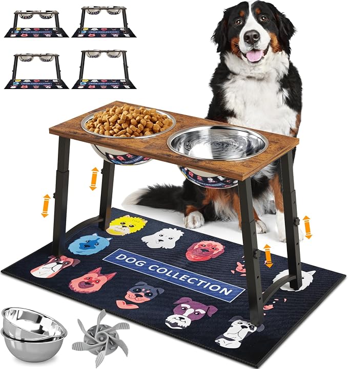 Elevated Dog Bowls for Large Dogs with Slow Feeder & Mat, 4 Height Adjustable & 101oz Bowls, Tall Raised Dog Bowl Stand by TIDANT