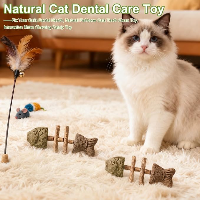 Creative Fish Bone Cat Dental Chew Toy,Catnip and Silvervine Chew,Natural Catnip for Cats, Durable Wooden Feline Tooth Care Tool for Chewing, Licking, and Pawing - Image 2