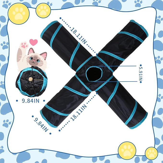 Pet Cat Tunnel, 4-Way Junction Tunnels for Indoor Cats, Collapsible Pet Tunnel for Kitten, Puppy, Rabbit, 25cm-Wide Tunnels, Durable & Breathable, with Peek Hole Toy Ball - Image 5
