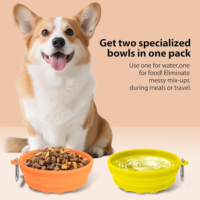 PawSailor 2-Pack Collapsible Dog Bowls with Suction Cups & Scraper - 16oz Travel Pet Bowls for Food/Water, Non-Slip Feeding Dish for Dogs, Includes Carabiner Clip Orange&Yellow - Image 5