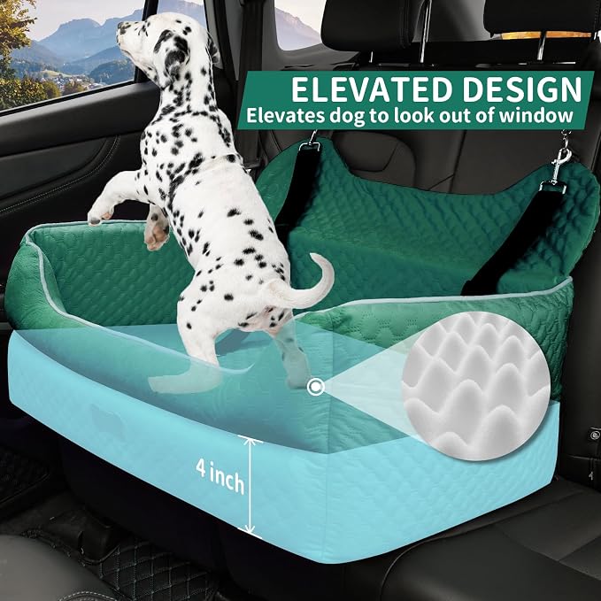 Dog Car Seat for Medium & Large Dogs Up to 55 lbs or 2 Small Dogs, Green | Memory Foam Elevated Booster Seat with Safety Belts, 4-Inch Thick Cushion, Storage Pockets and Removable Washable Cover - Image 3