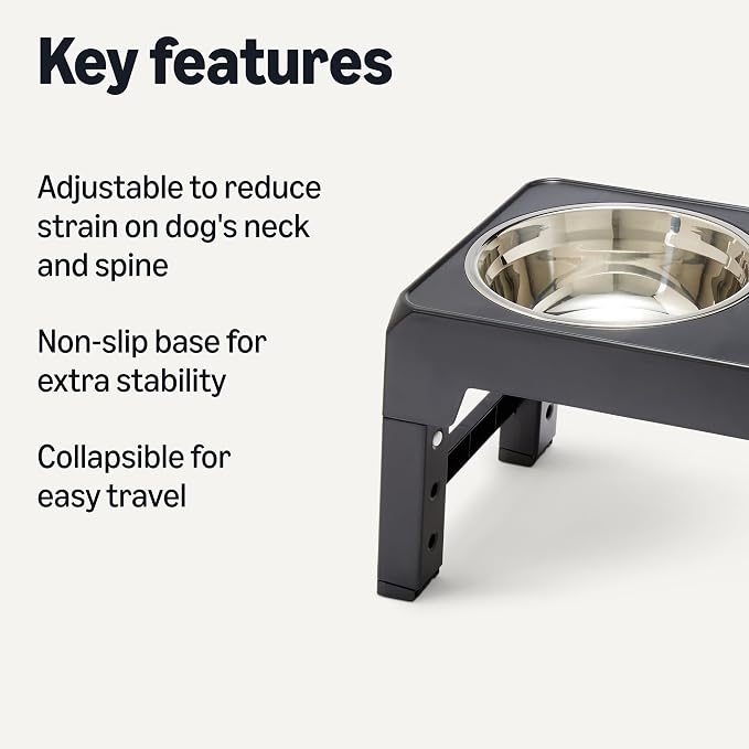 Amazon Basics Elevated Dog Bowls Stand, 5 Height Adjustable Foldable Raised Pet Feeder with Stainless Steel Bowls, Non-Slip Base, 17.3 x 9.4 x 12 in, Black - Image 2
