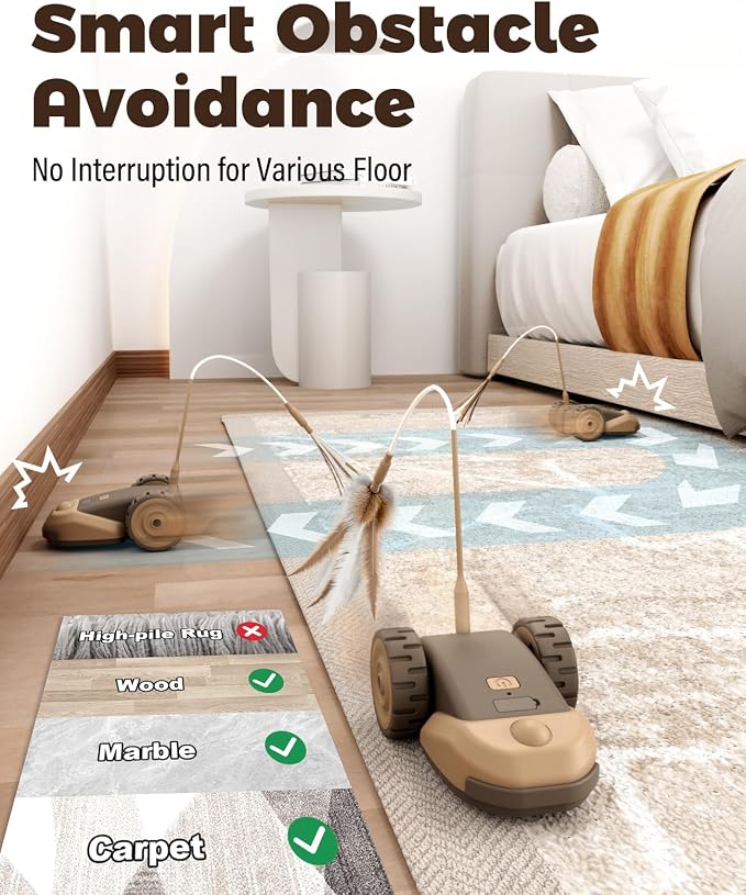 CYROS 3-in-1 Interactive Cat Toy - 2-Speed Automatic Moving Mouse Cat Toys Self Play with 2pcs Hanging Feather String Ribbon and Wiggly Silicone Mice Tail for Bored Indoor Adult Cats Kittens - Image 4