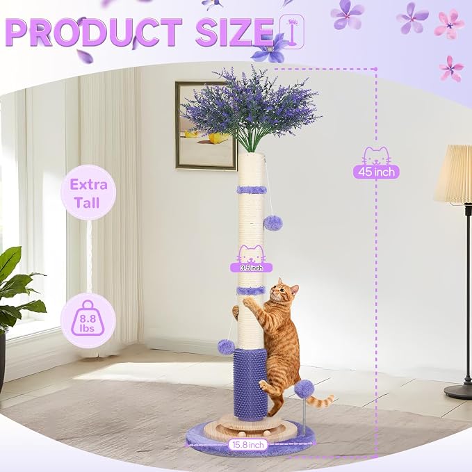 45" Tall Cat Scratching Post for Large,Heavy Duty Scratcher Tree | Solid Wood Base,3.5" Sisal Post,Hanging Ball Toy,Self-Grooming Brush,Interactive Ball Track,Stylish Decor for Any Home - Image 2
