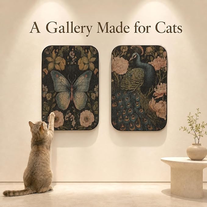 2 Pack Cat Wall Scratcher, Art Cat Scratching Board for Cats | Wall Mounted Cat Scratch Pad, Water-Based Ink, Hook&Loop Strips, Floor or Wall Use, 16.7x11x1 Inch, Butterfly & Peacock - Image 6