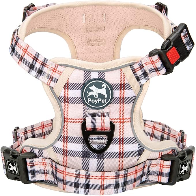 PoyPet Plaid Dog Harness Large, No Pull Vest with Front Clip & Neck Buckle | Padded Handle, Reflective, No Choke, Lockable, 2 Leash Rings, Full Adjustable, for Training Walking, XL, Checkered Beige by PoyPet