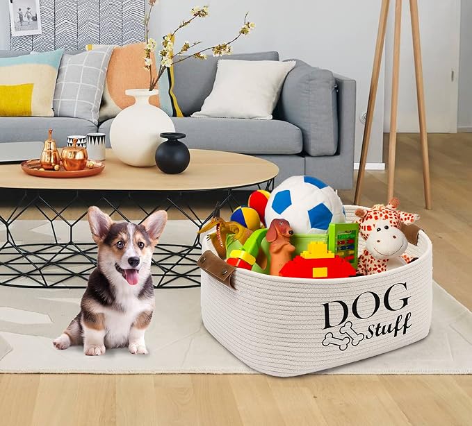 Geyecete Square Dog toy basket storage Cotton Rope Storage Basket Pet/Pet Toy And Accessory Storage Bin Doy Toy Box-Beige - Image 5