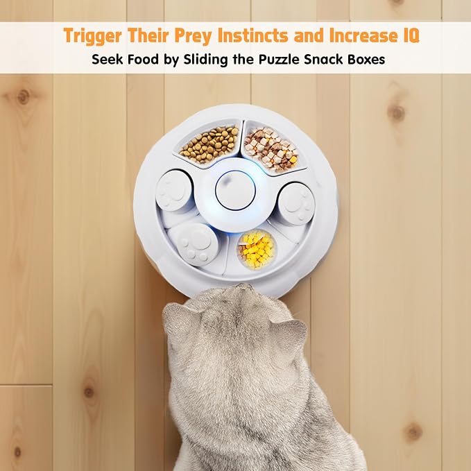 Interactive Cat Toys for Indoor Cats, 4in1 Pet Teaser Toy with Ambush Feather Wand, Motorized Fluttering Butterfly and Slow Feeder, Rechargeable Power Treat Puzzle Toys(White) - Image 5