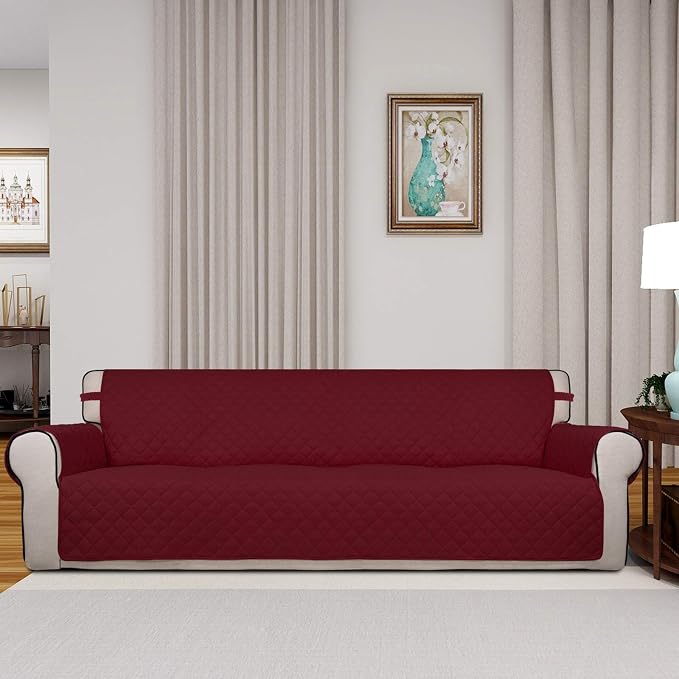 PureFit Reversible Quilted Couch Covers for Dogs Sofa Cover 4 Seater 88" | Red/Ivory, Water Resistant Couch Protector, Washable Pet Couch Cover with Non Slip and Elastic Straps For Kids - Image 2