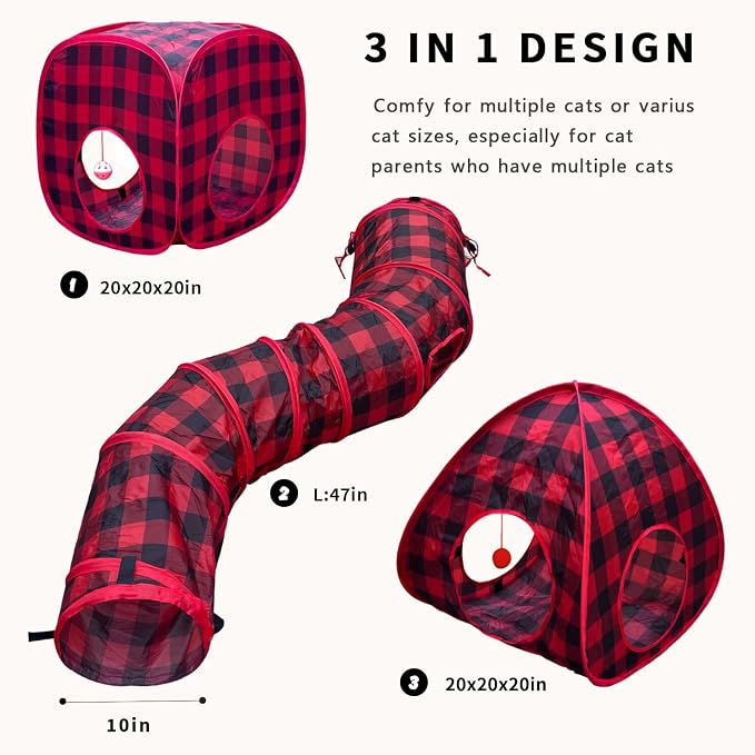Cat Tunnels for Indoor Cats with Cube Tent Toys Combo, Interactive Collapsible Tent for Hiding Hunting and Resting, Pet Tube with Toy Bell for Kitten, Rabbit, Puppy, Ferret - Set of 3 - Image 2