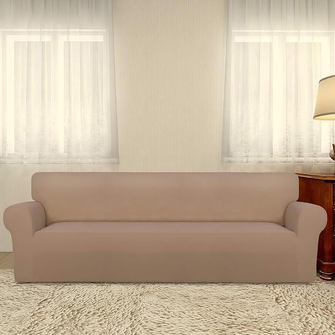 PureFit Stretch Couch Covers for Sofa 4 Seater Slipcovers Camel | 1-Piece Sofa Cover Washable Soft Couch protector, Couch Slipcover with Non Skid Foam and Elastic Bottom for Kids, Dogs - Image 2
