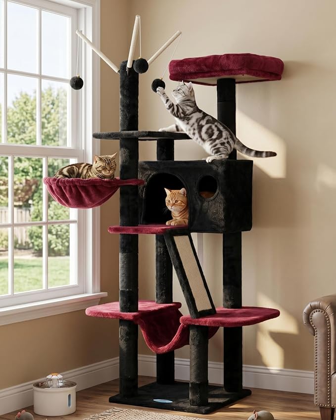 Hey-brother Cat Tree Tower with Padded Platform Bed, Hammock, MPJ019-SBR | 53 Inches Cat House with Large Cozy Condo, Toy Balls and Sisal Scratching Posts for Indoor Multi-Cats, Black and Red by Hey-brother
