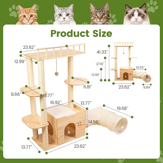 45 Inch Solid Wood Cat Tree, Modern Cat Tower for Indoor Cats, Cat Condo with Single Tunnel, Sisal Scratching Posts, High Perch Platform, Washable Cushion, Hanging Balls, Natural - Image 2