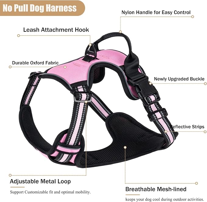 No Pull Dog Harness, Adjustable Reflective Front Clip Pet Vest with Easy Control Handle for Medium Large Dogs (Pink,XL) - Image 2