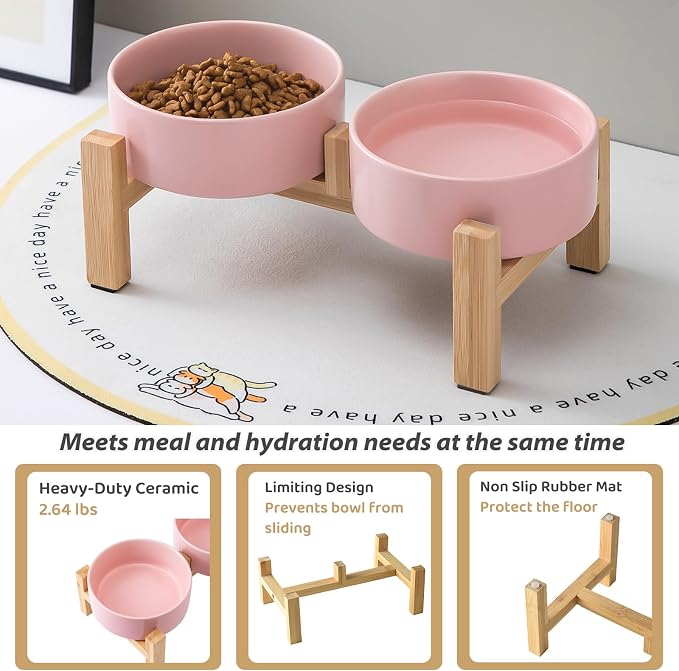Elevated Ceramic Dog Bowl Set - Raised Dog Bowls with Non Slip Bamboo Stand, Food and Water Bowl Set for Kitty, Cats and Toy Breed Dogs, Pet Bowls, Weighted Dogs Dishes (5.1'', 2*16OZ, Pink) - Image 5