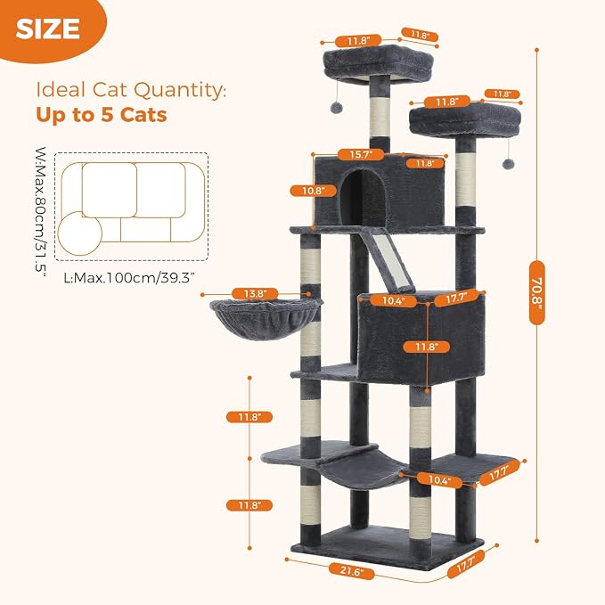70.8" Tall Cat Tree for Large Cats, Multi-Level Cat Tower with 8 Sisal Scratching Posts, 2 Top Perches, Big Condo, Large Hammock, and Cat Furniture for Indoor Cats, Dark Gray - Image 7