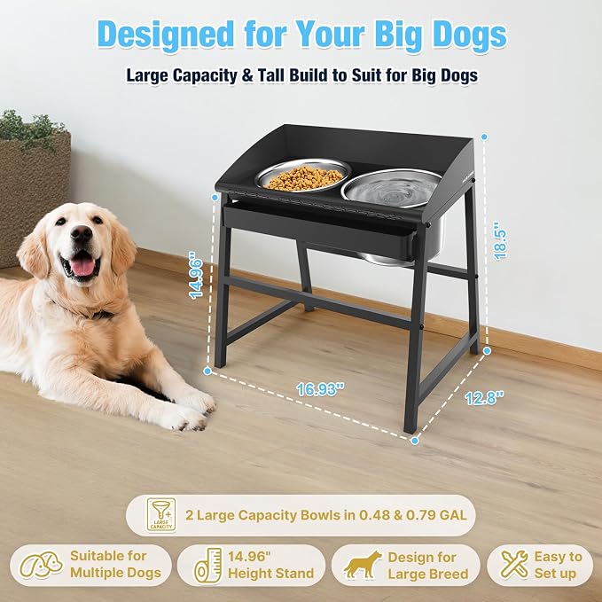 Bobbie & Laxi 15" Tilted Elevated Dog Bowl, Large Breeds Non-Spill Design | Raised Dog Bowl with Stand; Stainless Steel Food&Water Bowl Set with Splash Guard; Easy Clean for Indoor Dry-Use Areas - Image 7