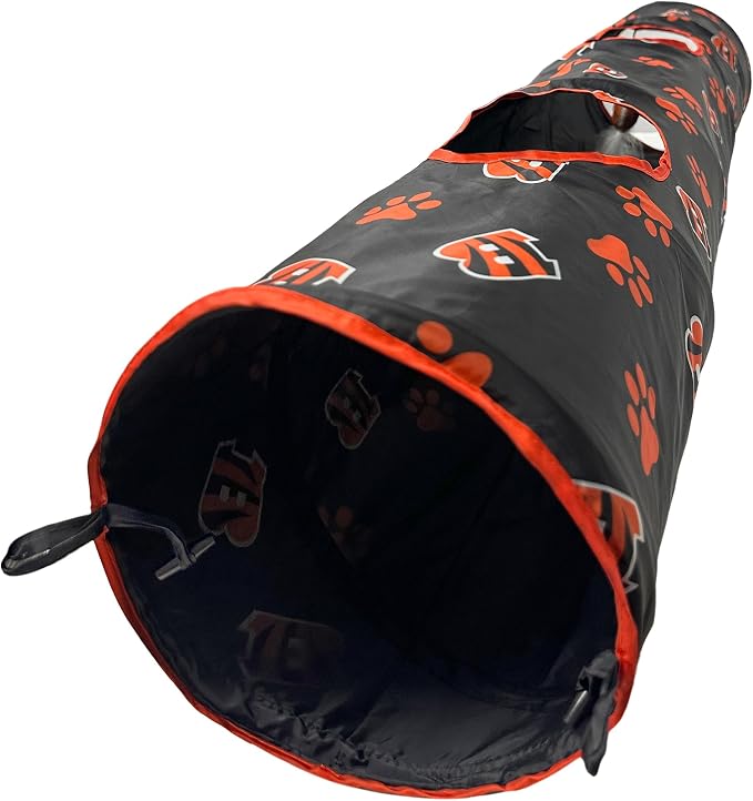 NFL Cincinnati Bengals Cat Tunnel Tube Toy with Plush Football Catnip and Feathers Collapsible Tunnel for Cats to Play, Peek and Hide, Sporty & Fun Cat Tunnel Toy with Team Logo All-Over Design! - Image 4