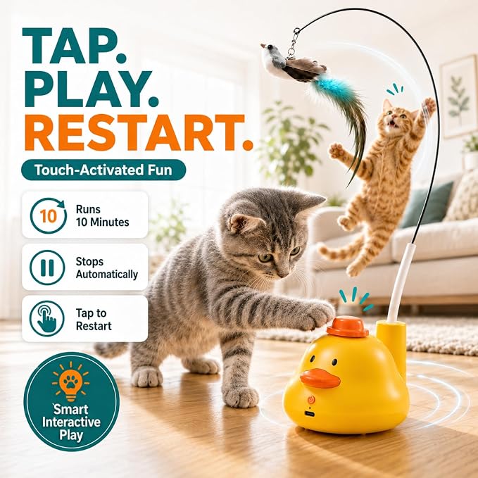 YWK Interactive Cat Toys for Indoor Cats, 360° Automatic Flying Bird Wand, Bird Sound & 2 Speeds, Touch Restart, USB-C Rechargeable Self-Play Toy with Suction Base, Bird & Feather Attachments - Image 7