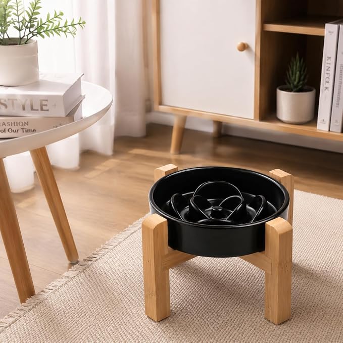Ceramic Slow Feeder/Dog Bowl for Small Medium Dogs,Elevated/Raised Slow Feeding Dog Food Water Dish Heavy Weighted,Puzzle Eating Bow (Black, 8.26in) - Image 7
