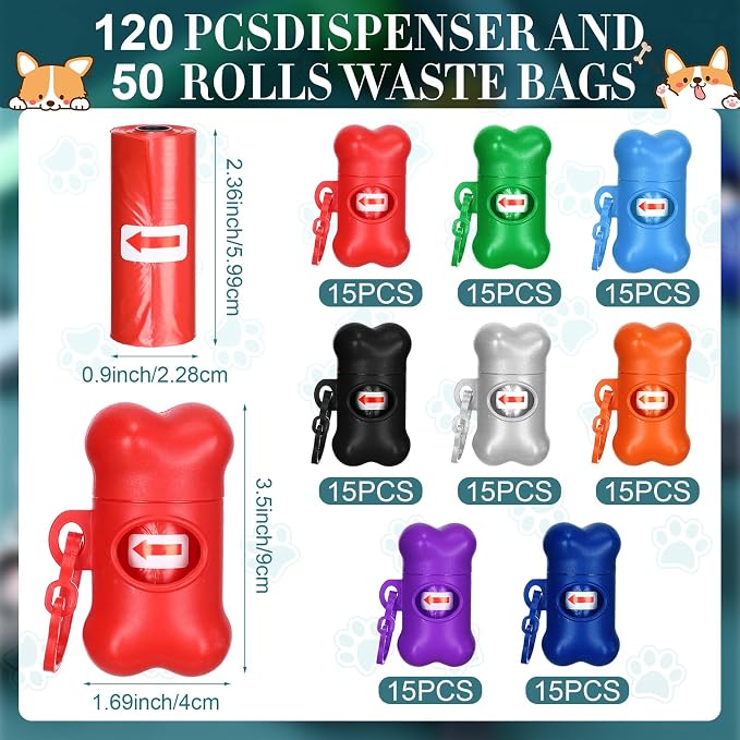 Zhehao 120 Pcs Bone Dog Poop Bag Dispensers with Bags and Hooks, 8 Colors | Compact Dog Waste Bag Holders for Walking, Hiking, Camping and Travel - Image 2