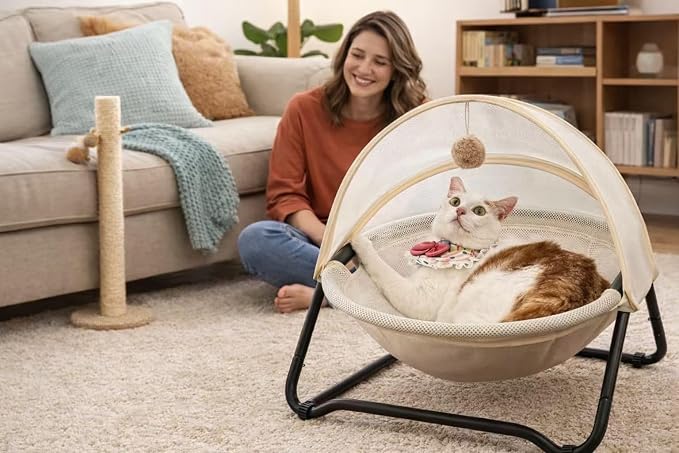 Cat Bed, Pet Hammock Bed for Cats and Dogs, Comfortable and Breathable Elevated Cat & Dog Nest, Easy to Assemble, Cover Removable and Washable, Suitable for Indoor and Outdoor Use (Cream) - Image 2