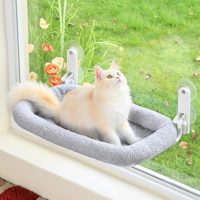 Zakkart Foldable Cat Hammock for Window - Cordless, Embeded Machine Washable Bed, Robust Metal Frame - Cat Window Perch for Large Cats and Kittens (Gray Bolster Bed, Large) by Zakkart