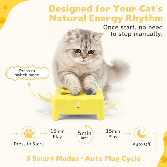 Interactive Cat Feather Toy Cheese Box 3in1 Whack a Mole | 3 Play Modes, Paw-Safe 4 Hole Whack-a-Mole, Anti-Slip Base, 4 Interchangeable Accessories, USB Rechargeable Auto Cat Toy - Image 4