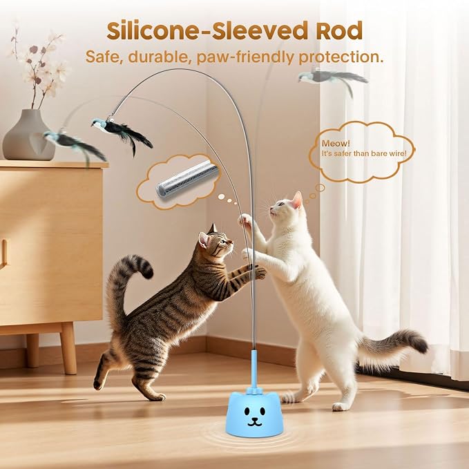 Interactive Cat Toys for Indoor Cats, 360° Automatic Spin Flying Bird Wand | 8cm Suction Cup & Weighted Base, Silicone-Protected Rod, USB Rechargeable with Replaceable Feather & Streamer Attachments - Image 5