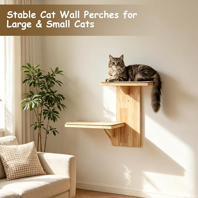 2-Tier Cat Wall Shelves, Wood Cat Wall Furniture with Sisal Mat | Sturdy and Stable Pine Wood Holds up to 30lbs | All Hardware for Easy Install | Ideal for Indoor Cats to Scratch, Play & Nap - Image 2