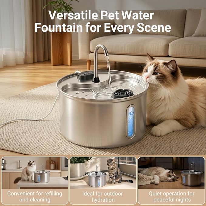 304 Stainless Steel Cat Water Fountain, 118oz/3.5L Pet Drinking Fountain for Cats and Small Dogs, Ultra-Quiet, Dishwasher Safe, Water Level Window, Cat Fountain with Smart Pump Protection - Image 8