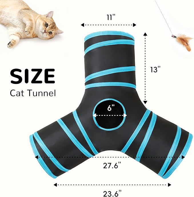 Tempcore Pet Cat Tunnel Tube Toys 3 Way Collapsible, Tunnels for Indoor Cats, Interactive Tube with Teaser Wand, Peek Holes & Hanging Ball, Black & Blue - Image 2